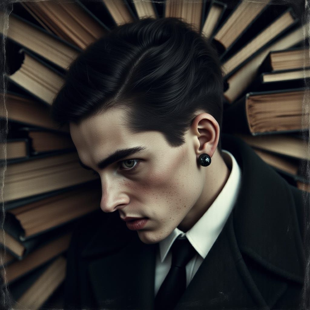 Trans Male Figure in 1940s Style Portrait, Lying Among Books...