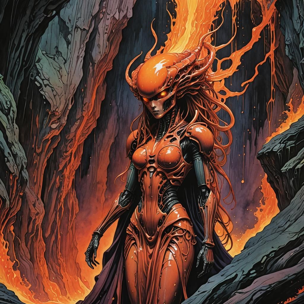 Fiery Waterfall Xenomorph Princess in Watercolor Style