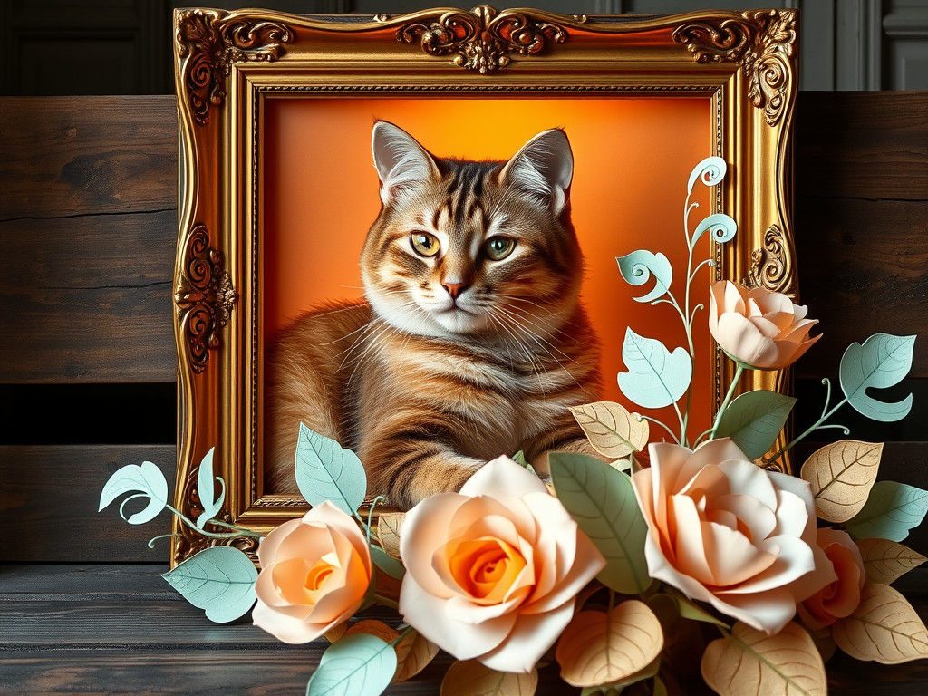 Ornate Framed Cat Portrait with Paper Flowers