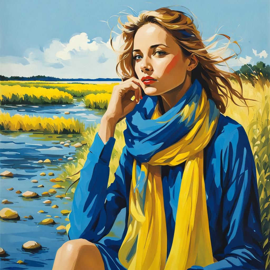 Woman at Riverbank in Abstract Expressionist Style