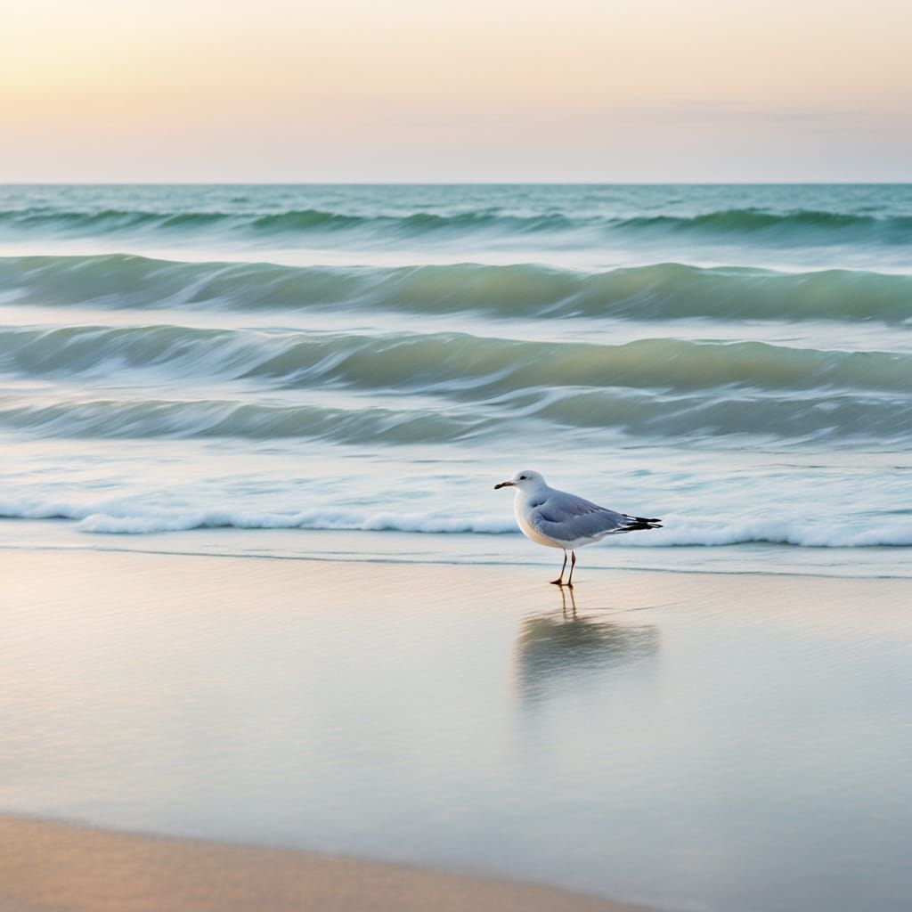 Calm Morning Beach Scene in Soft Cyan Hues