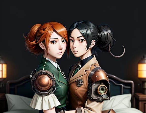 Kemono Twin Sisters Kiss in Steampunk Anime Style
