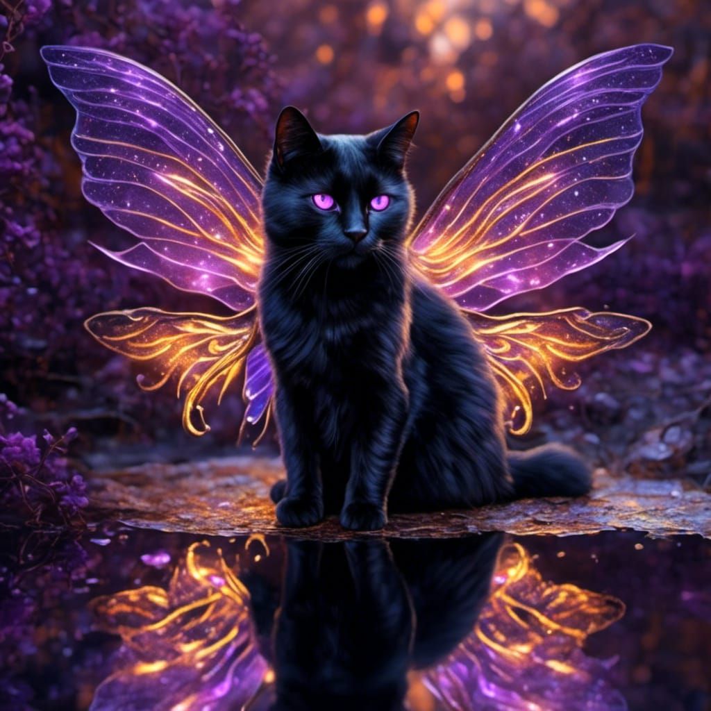 Black Cat with Fairy Wings and Purple Eyes