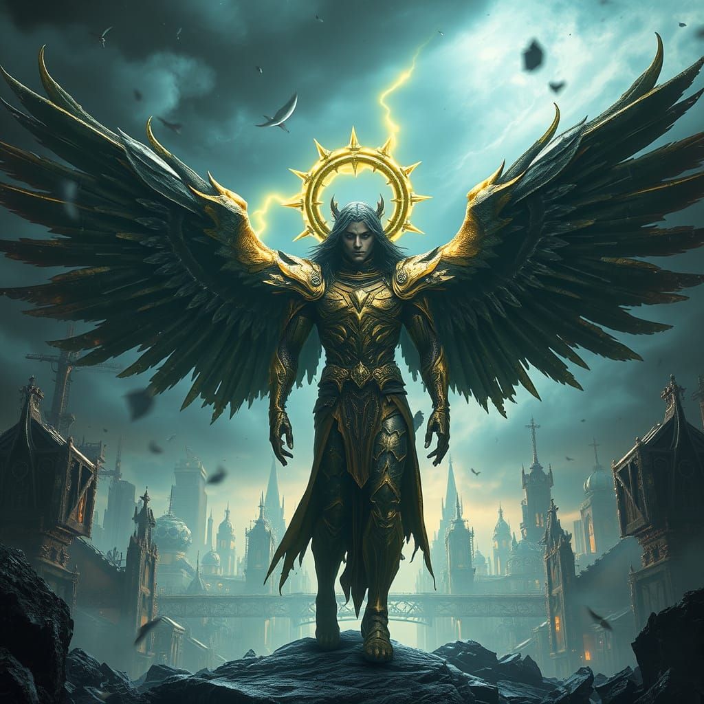 Fallen Angelic Warrior in a Haunting, Ethereal Metropolis