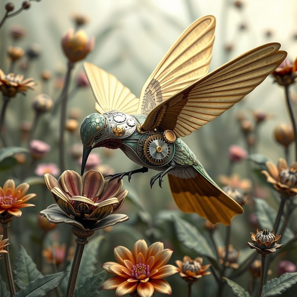 Steampunk Hummingbird Sipping Nectar in Metallic Garden