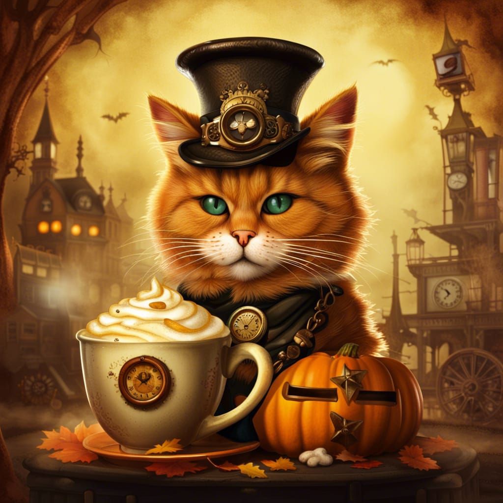 Steampunk Halloween Pumpkin Spice Latte with Cat