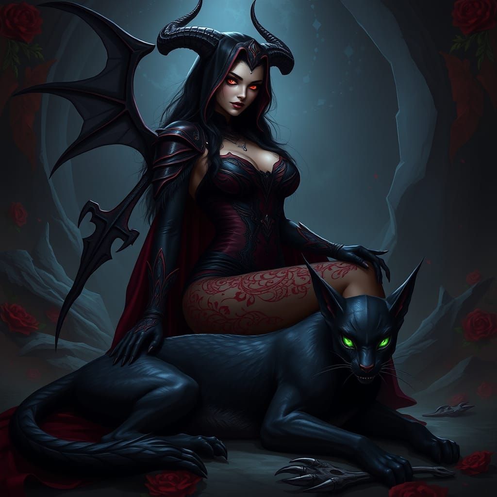 Dark Red Sith Sorceress and Her Feline Companion