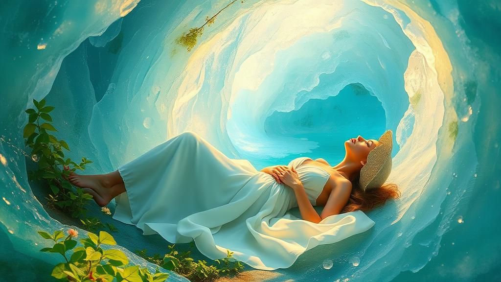 Woman in Ice Cavern: A Surreal Fantasy Scene