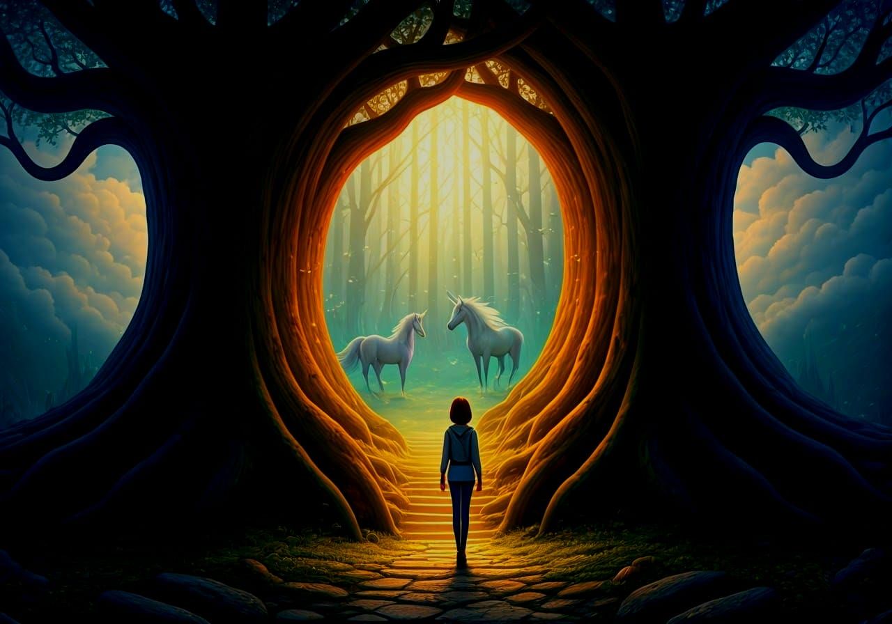 Old Trees Frame a Magical Unicorn Forest Entrance with Sunny...
