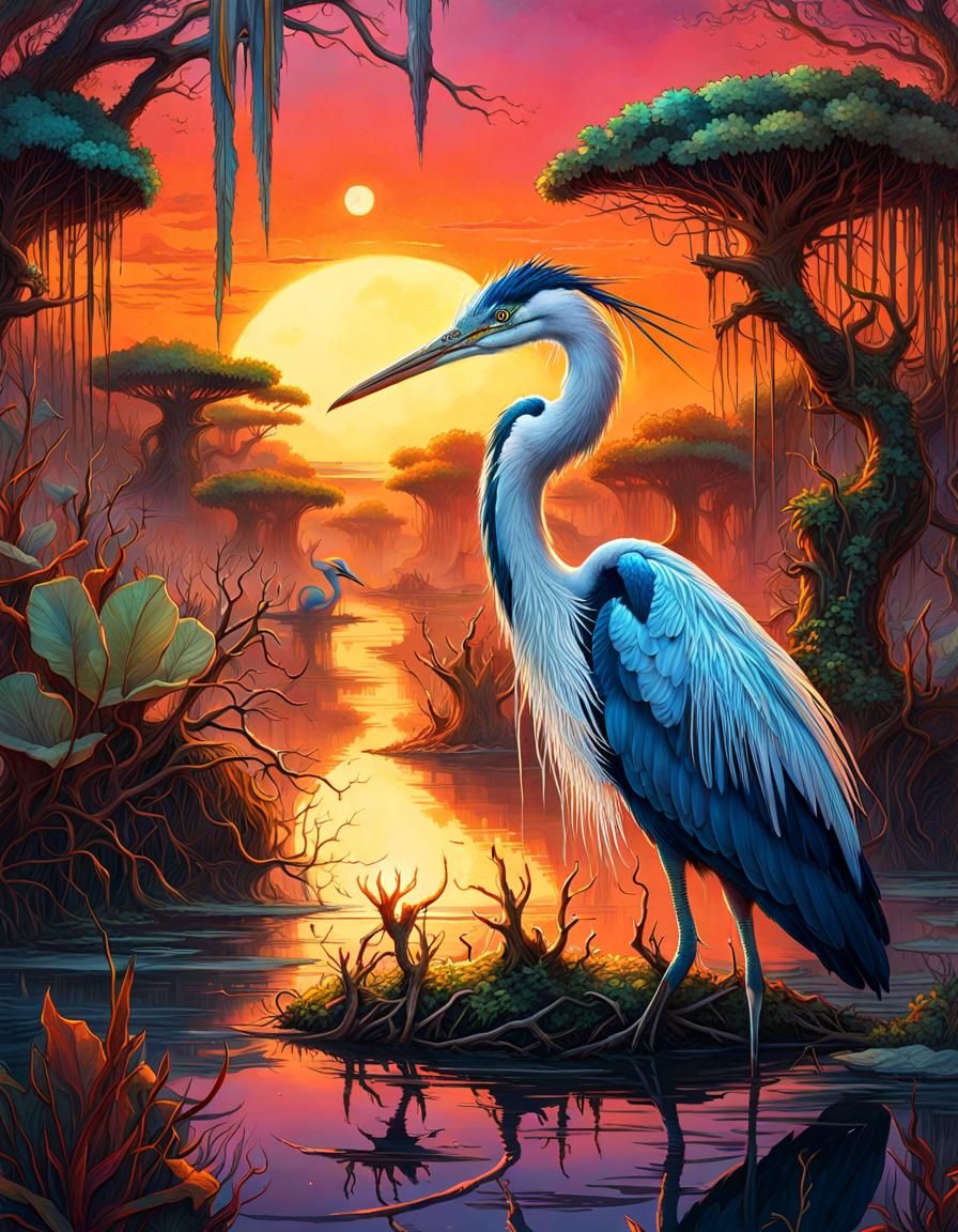 Colorful Herons in Glowing Mangrove Swamp