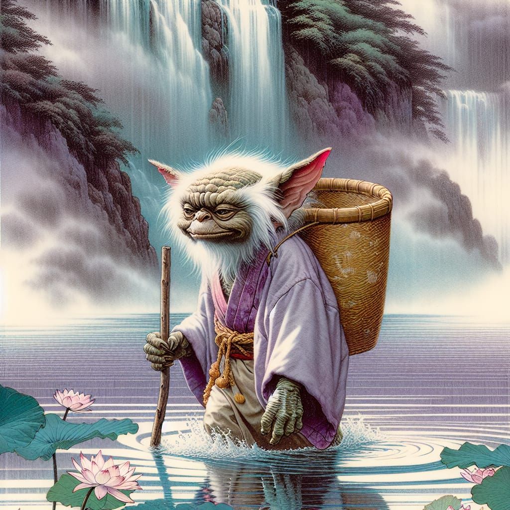 Gremlin Wades Through Tranquil Water in Ukiyo-e Style