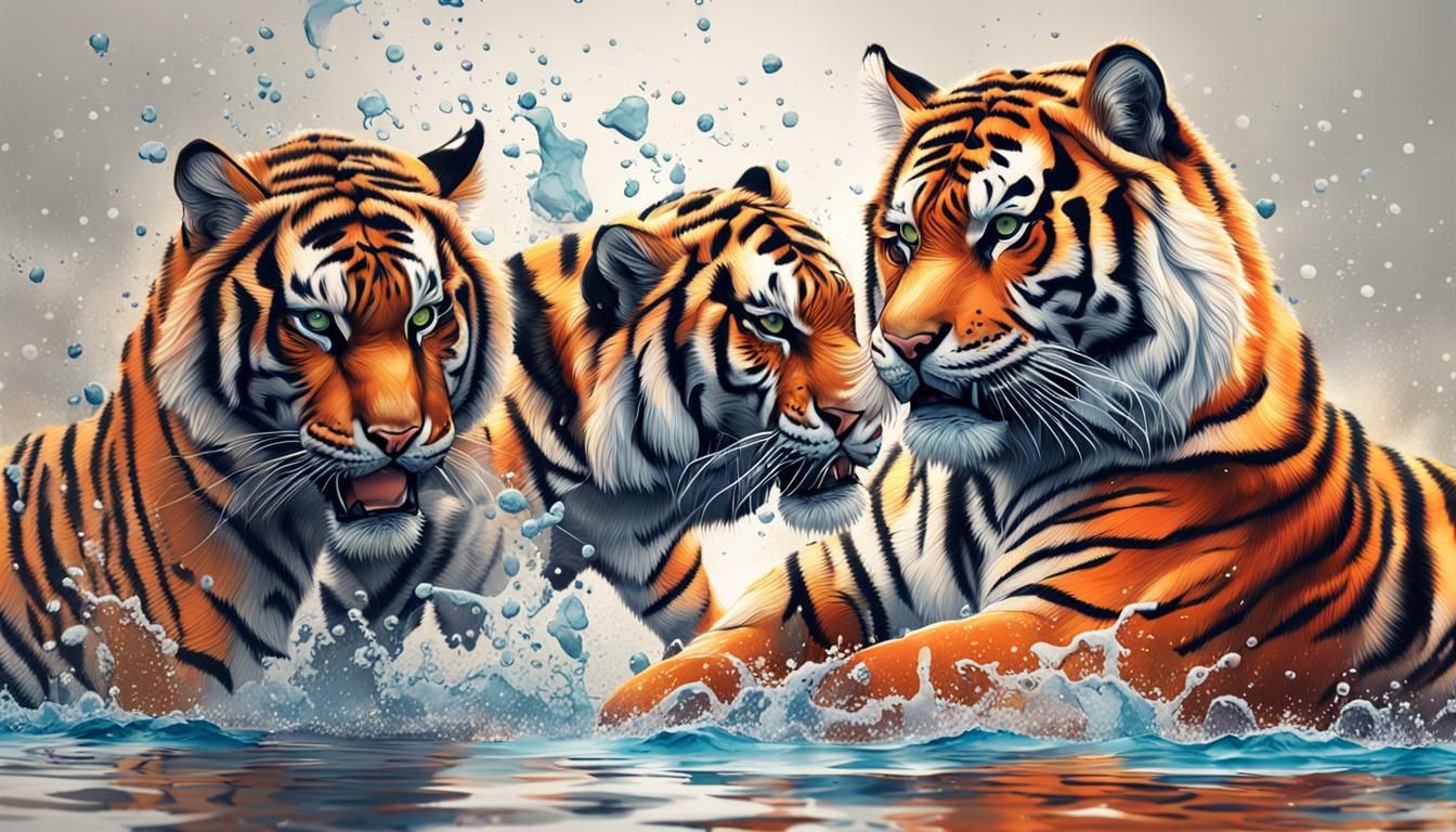 Hyperrealistic 3D Tigers in Splash Art Style