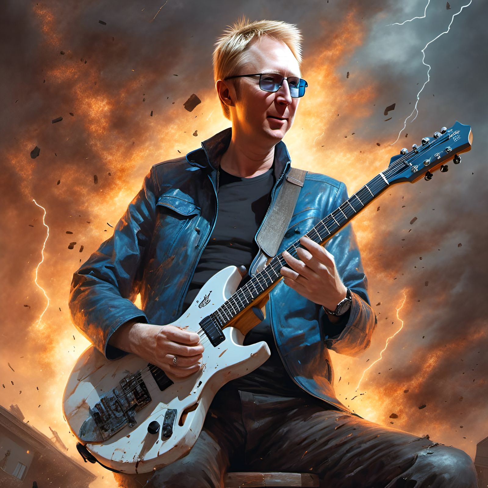 Muscular Guitarist with Gandalf in Hyperrealistic Style