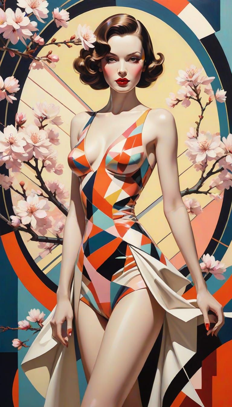 Art Deco Retrofuturism: Geometric Pin-Up in Blossom Garden