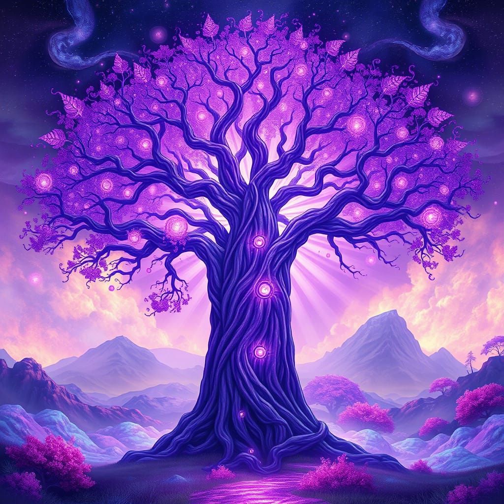 Ethereal Purple Tree of Life in Vibrant Fantasy Landscape