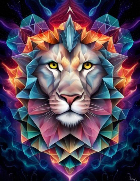 Cosmic Lion Head in Sacred Geometry Style