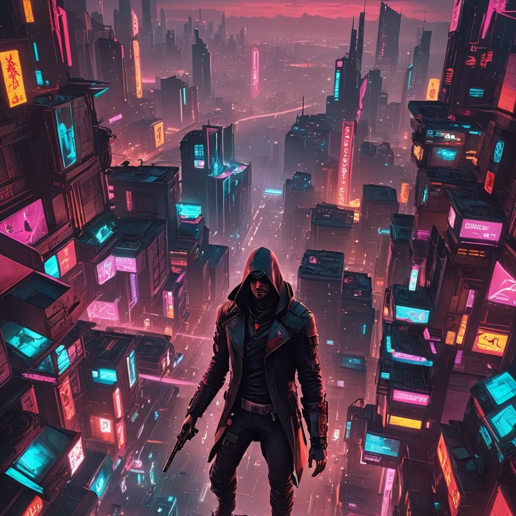 Cyberpunk Assassin's Creed in Neon Cityscape