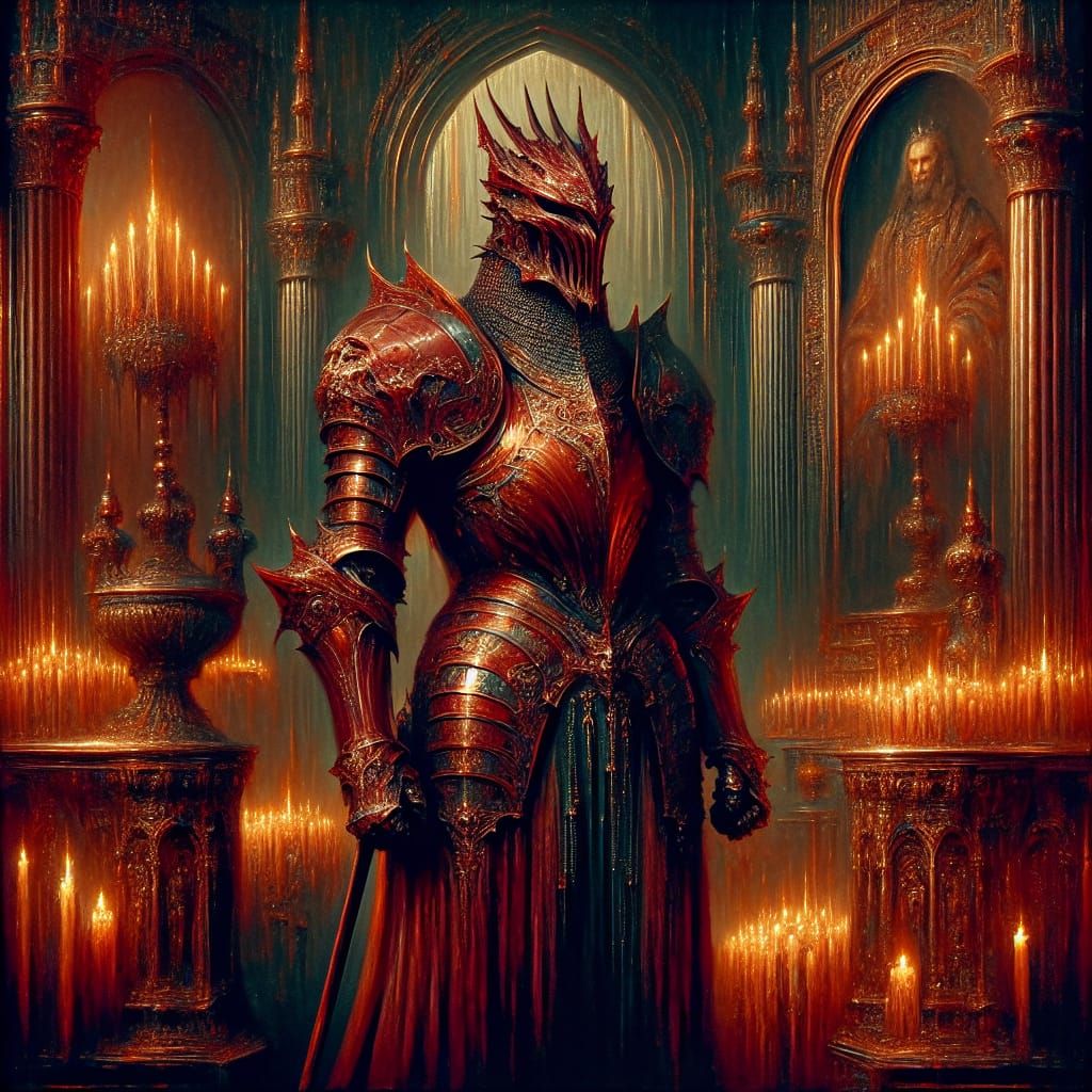 Medieval Knight in Red Armor Stands Vigilant in Gothic Thron...