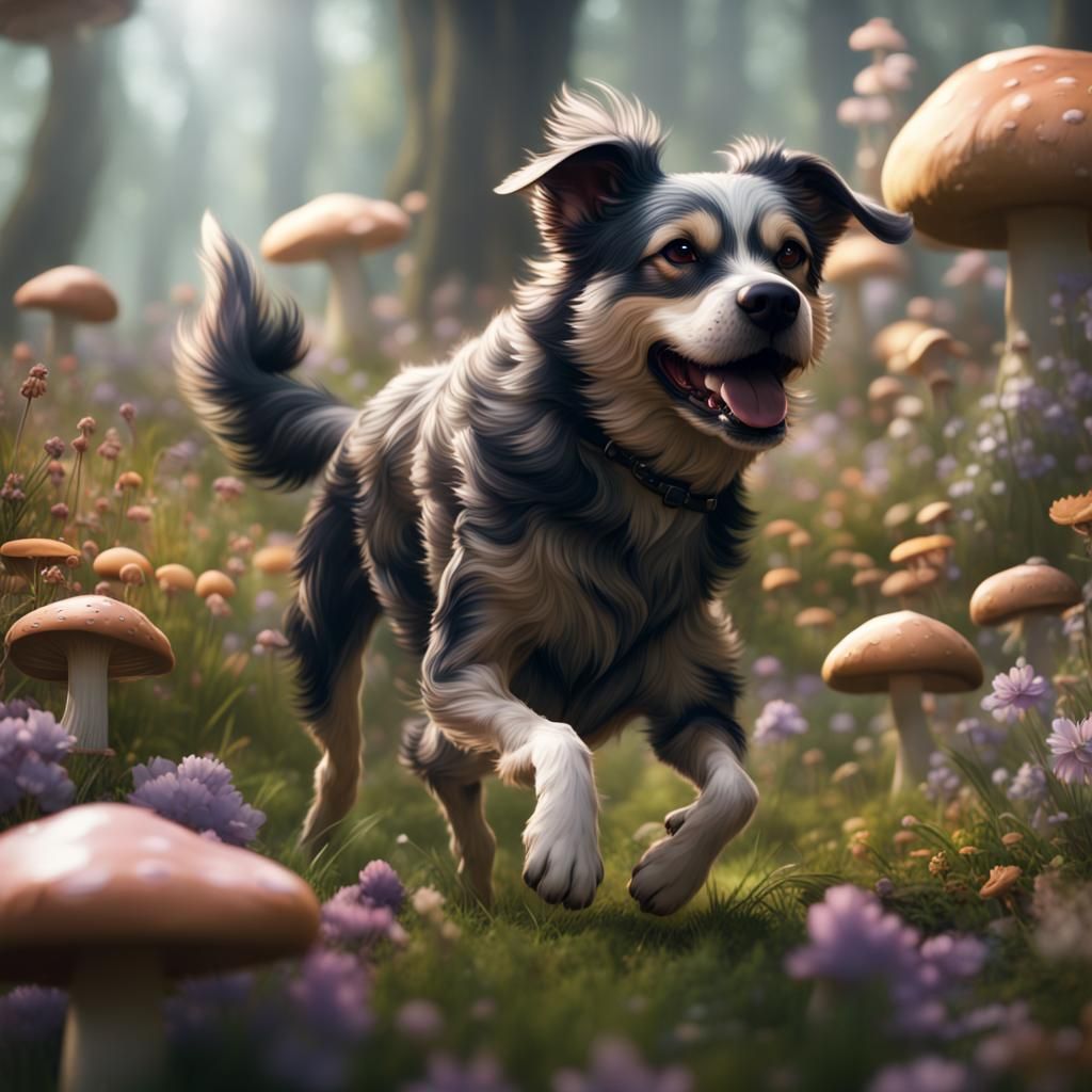 Dog Runs Through Spring Flowers: 3D Digital Art