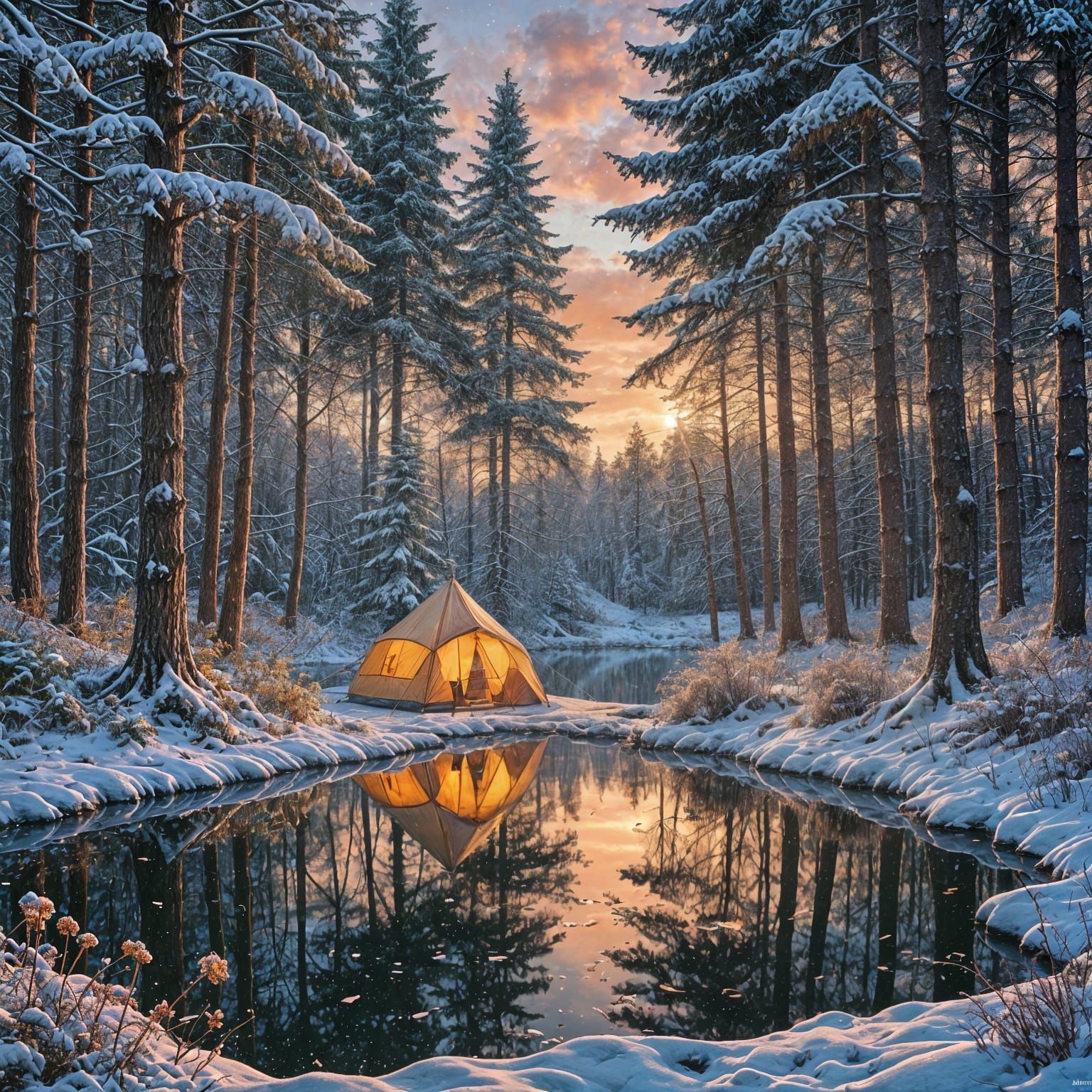 Vibrant Winter Woodland Pond at Sunset