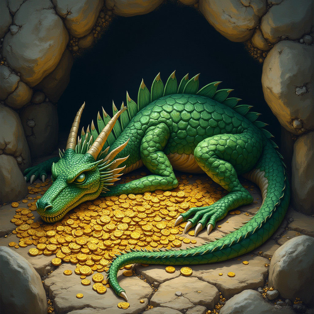 Green Dragon Asleep on Hoard in Impressionist Style