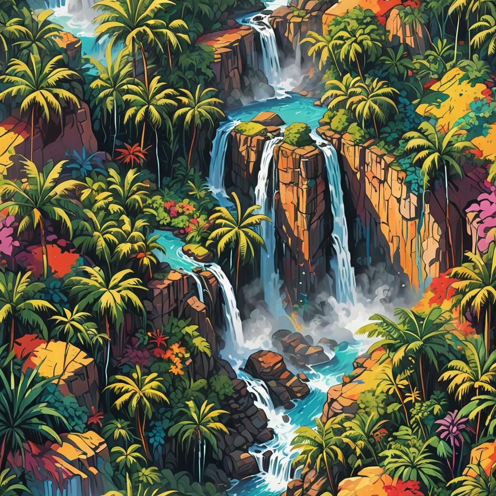 Tropical Waterfall Cloudscape in Graffiti Art Style