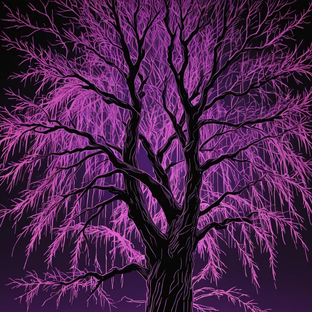Neon Purple Willow Tree in Vaporwave Style