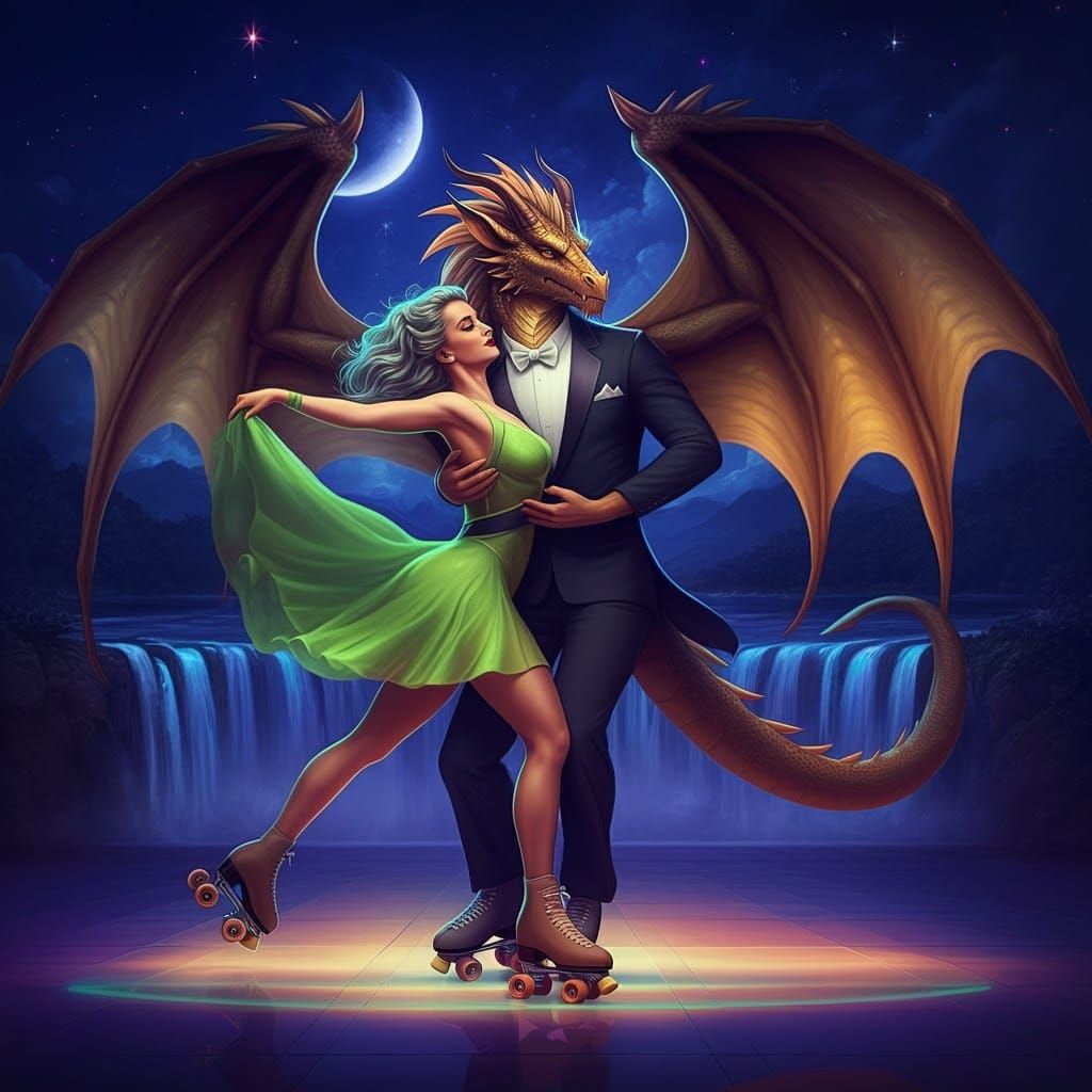 Neon Dragon-Human Couples Swing Dance on Roller Skates
