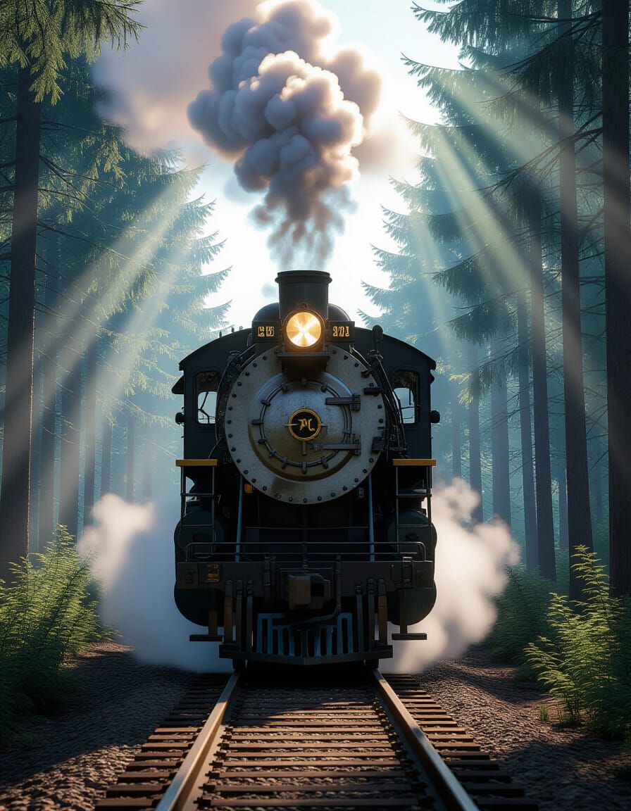 Majestic Art Deco Steam Train in Misty Forest