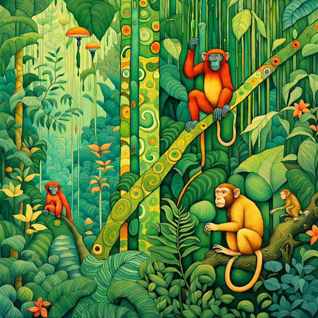 Detailed Rainforest Illustration in Watercolor Style