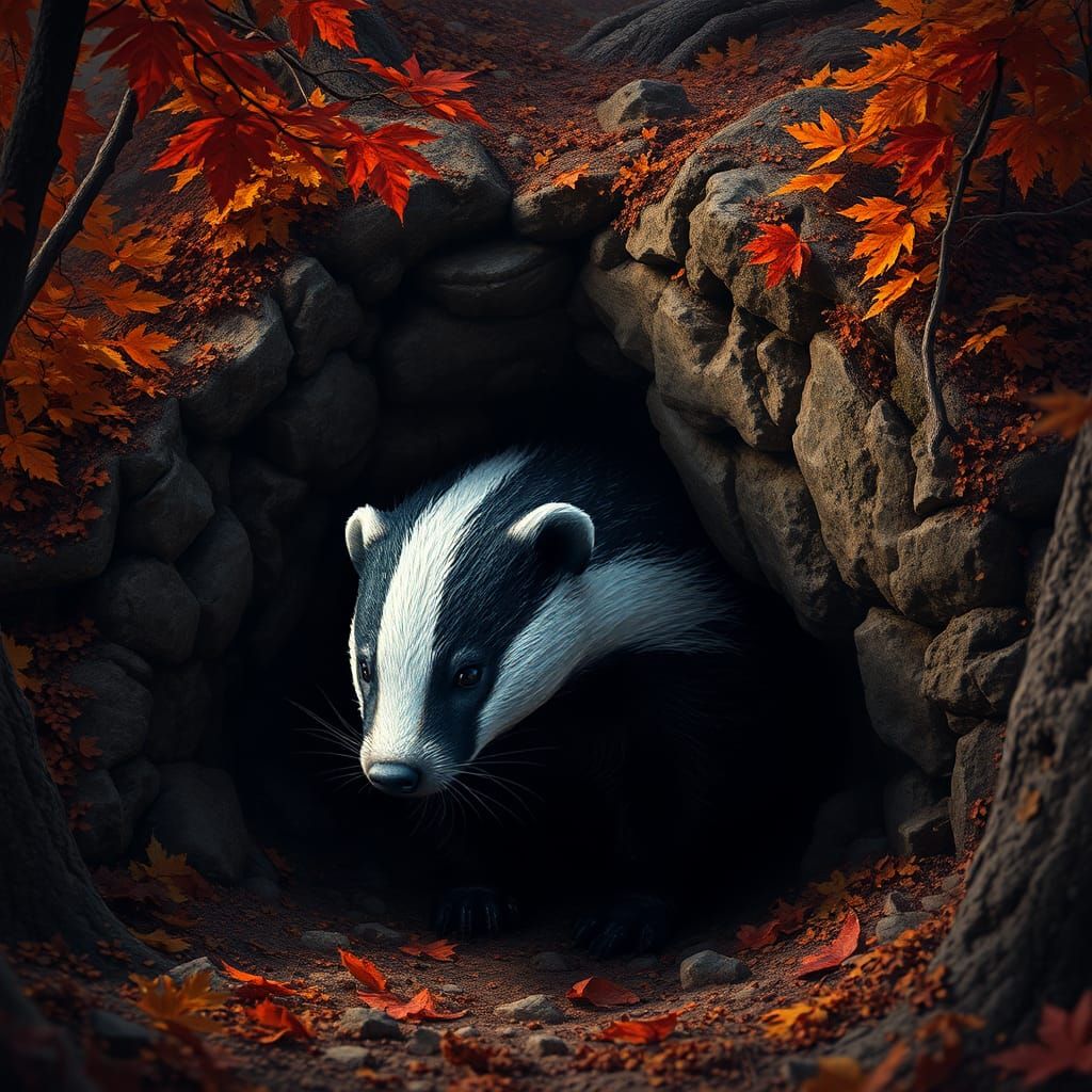 Badger in Autumnal Burrow: Dark Fantasy Art