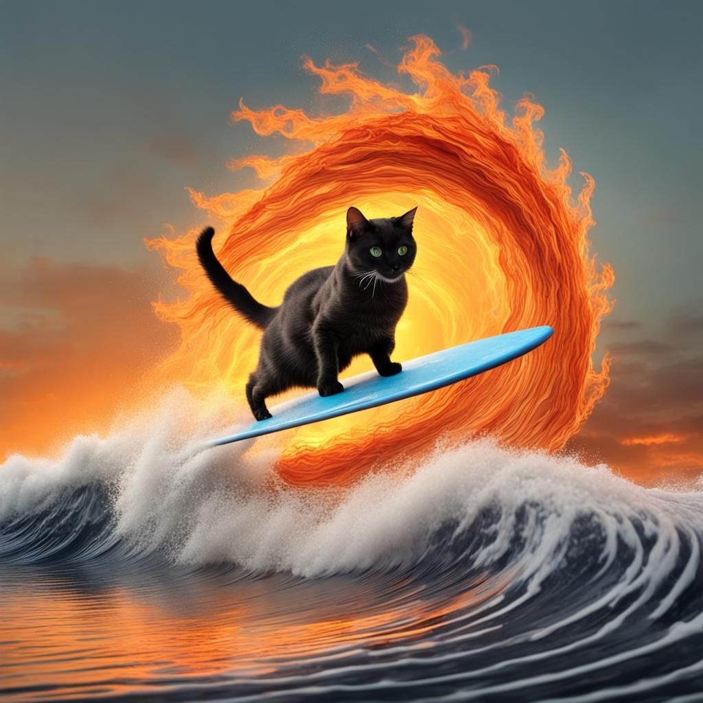 Cat Surfing a Fire Wave