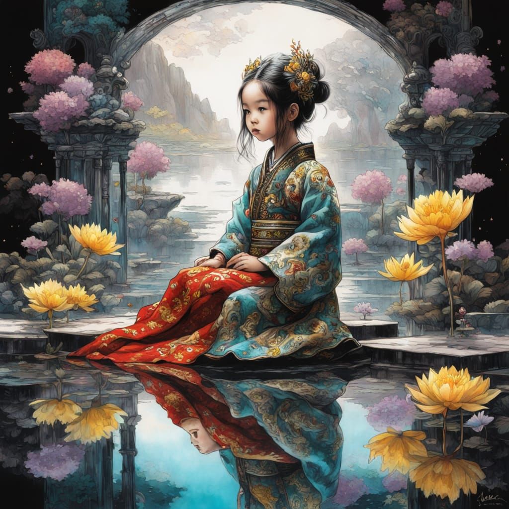 Chibi Japanese Princess with Mirrored Reflection