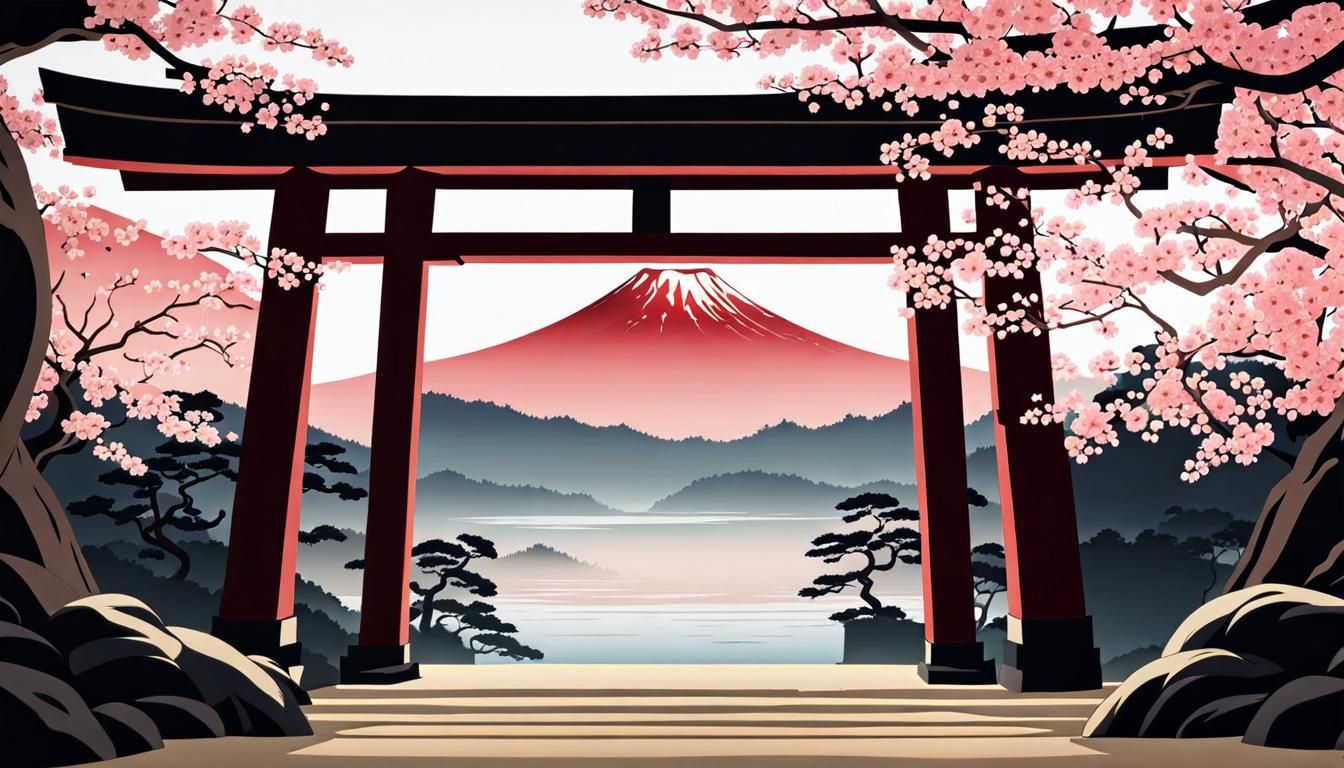 Japanese Shrine Through Torii Gate in Ukiyo-e Style