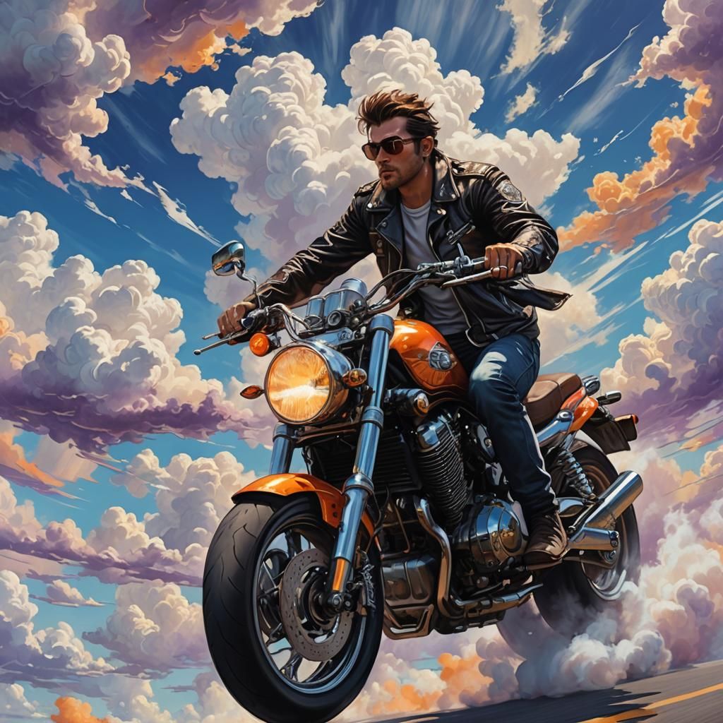 Motorcycle Rider Drifting Through Clouds, Digital Art
