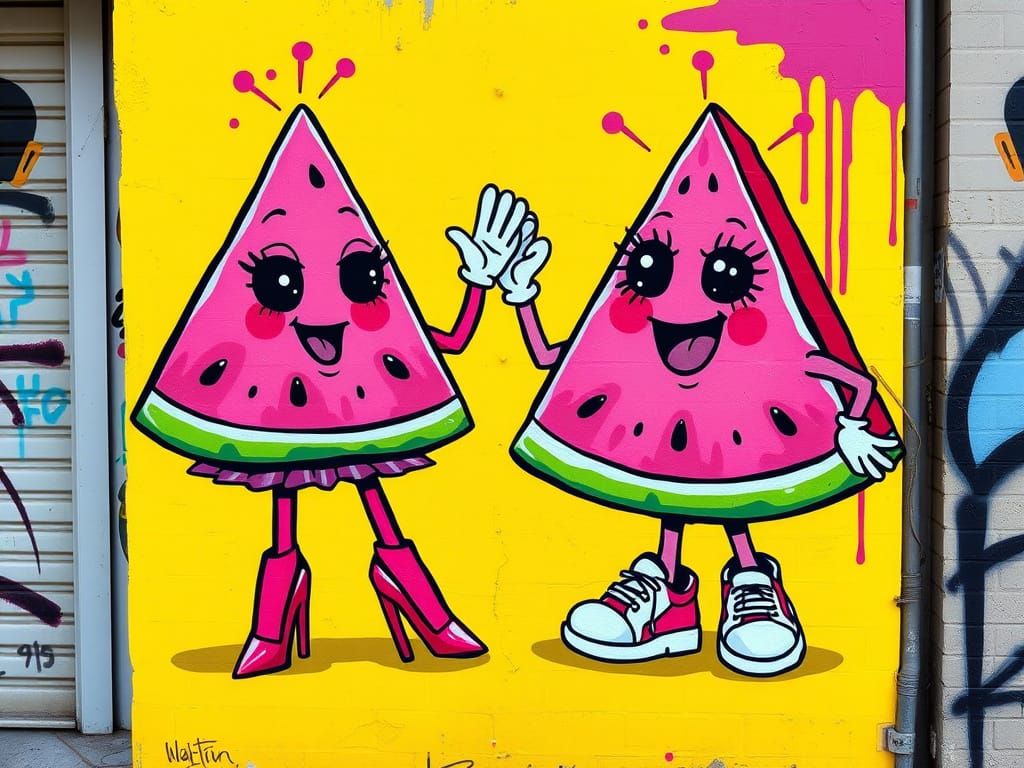 Vibrant Street Art with Triangular Watermelon Slice Characte...