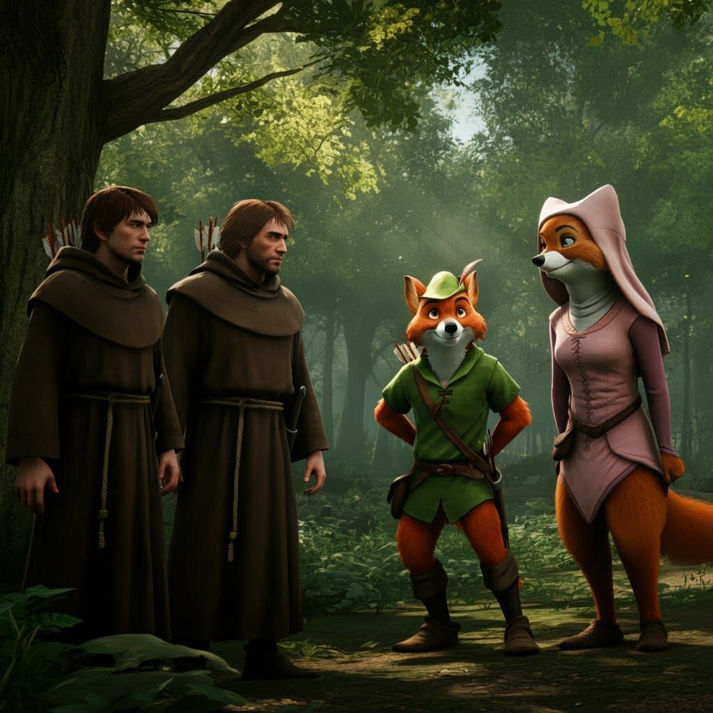 Robin Hood and Companions in Sherwood Forest, 3D Rendered