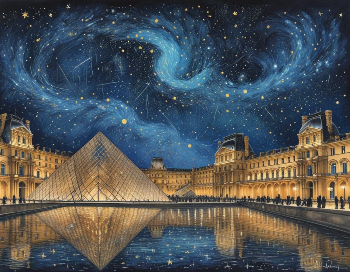 Starry Night Scene at the Louvre in Whimsical Colour Pencil ...