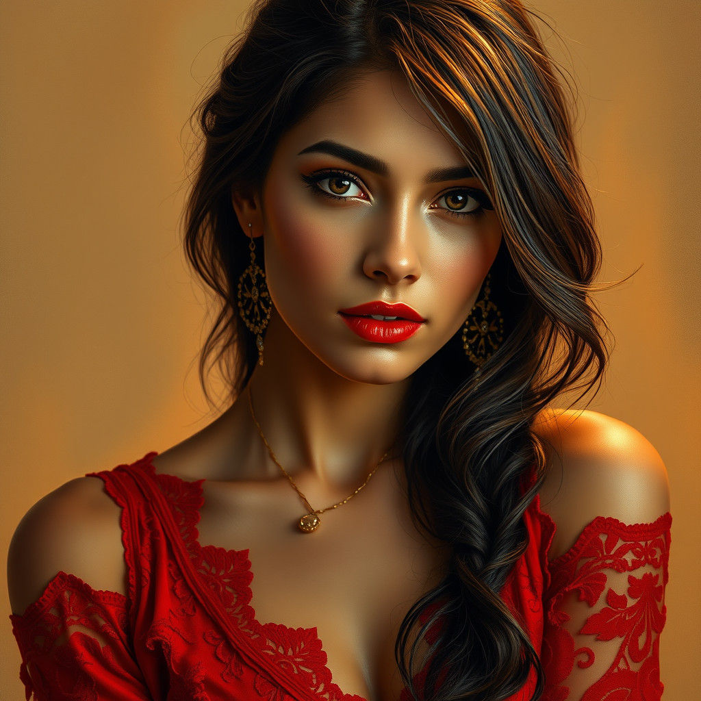 Latina Woman in Red Dress: Sensual Realism Art