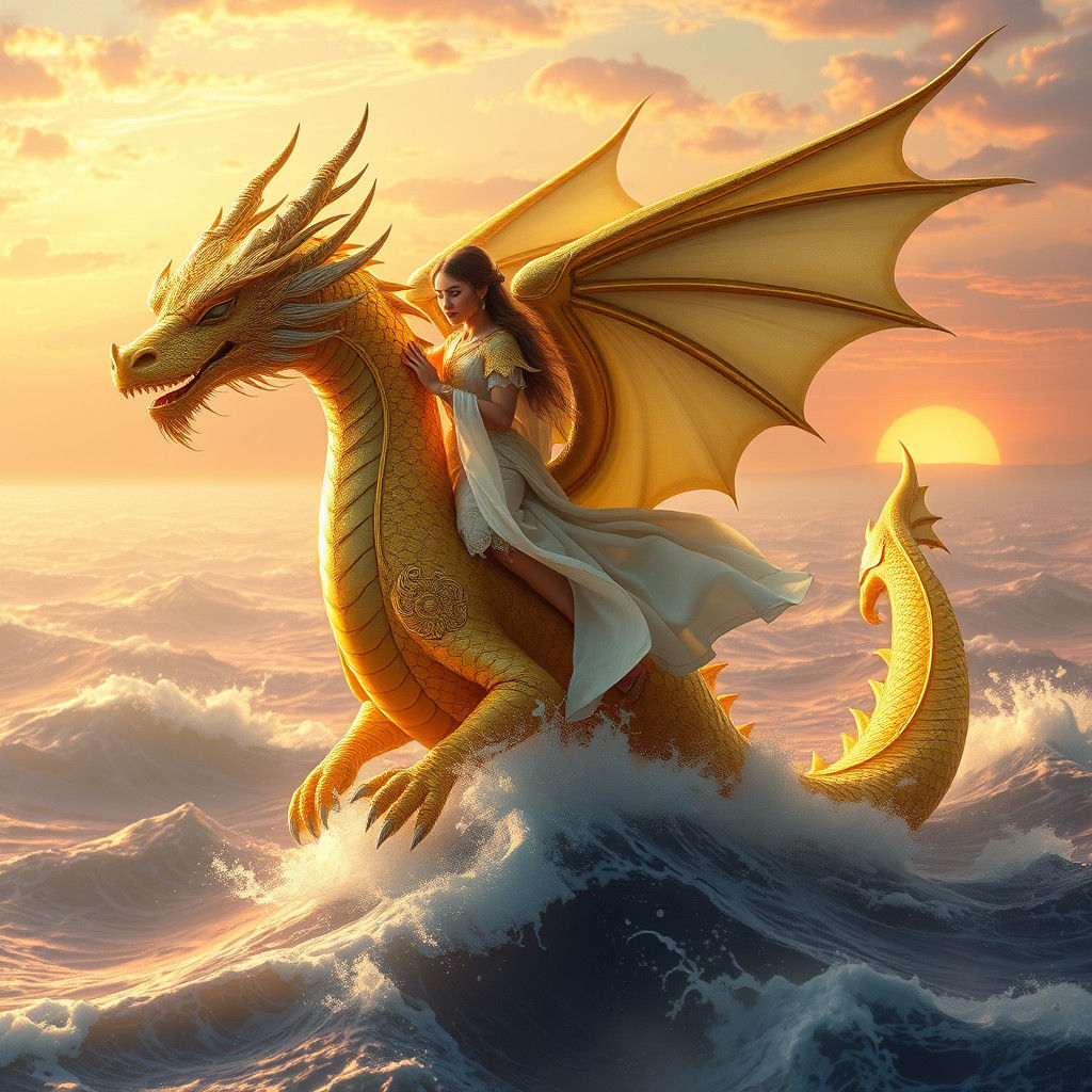 Goddess Rides Dragon at Sunset: Fantasy Concept Art