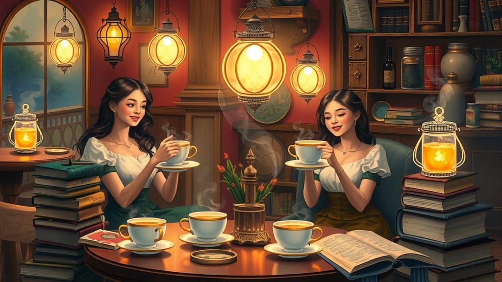 Magical Cafe Scene With Joyous Women and Pouring Teapots