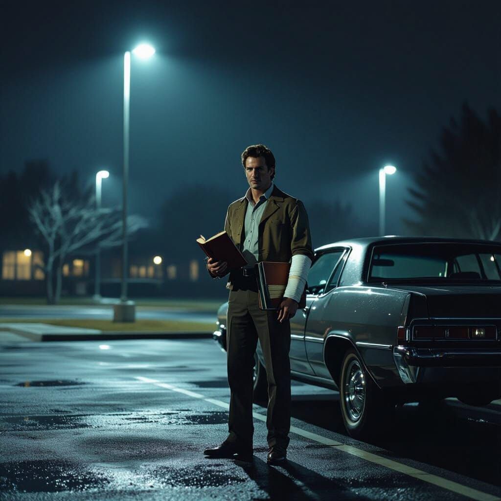 1970s Man with Arm Cast in Noir Scene