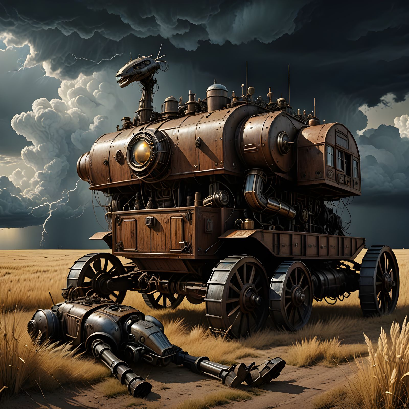 Steampunk Robot's Prairie Mishap in Black and White