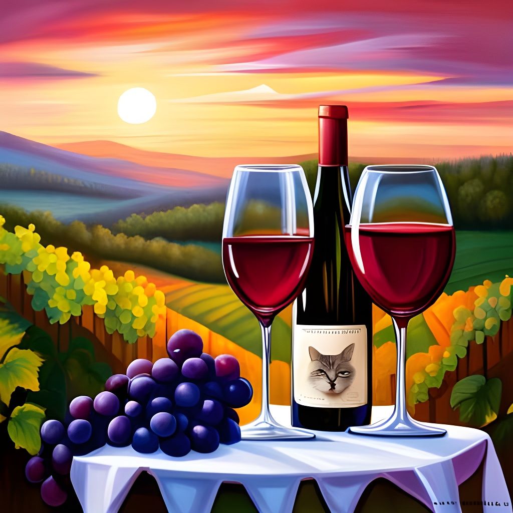 Picturesque Vineyard Scene with Cat and Wine