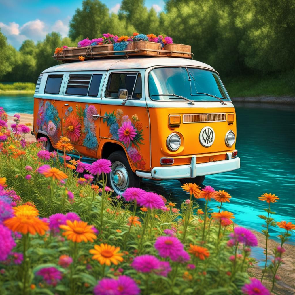 Hyperrealistic Hippie Van with Flowers in Expressionism Styl...
