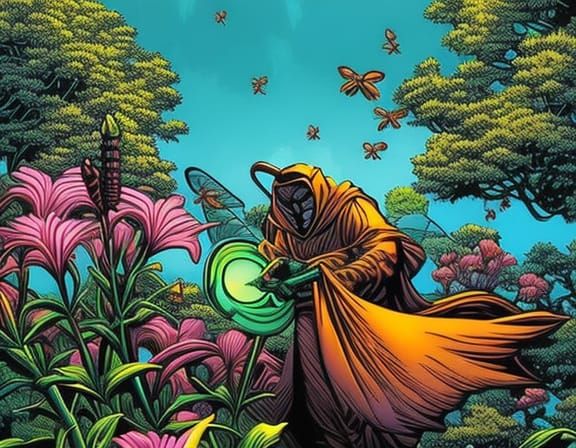 Bees Gathering Nectar in Comic Book Art Style