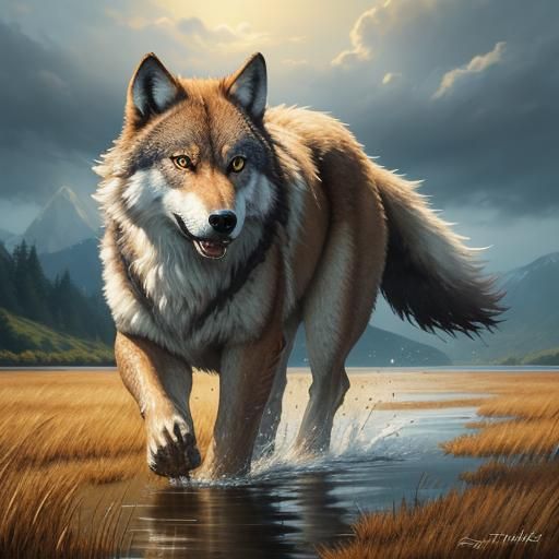 Great Wolf Running Through Golden Lake, Hyperrealistic Art