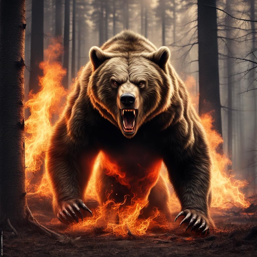 Demonic Bear in Burning Forest: Photorealistic Image