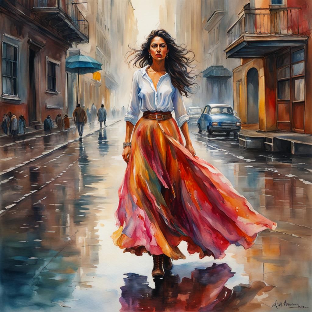 Beautiful Woman in Rainy Dystopian NYC