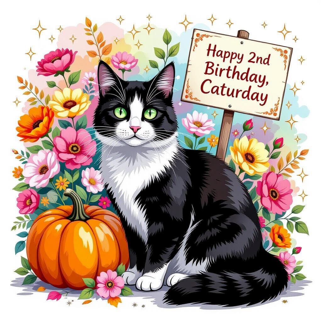 Black and White Cat with Green Eyes and Autumn Flowers